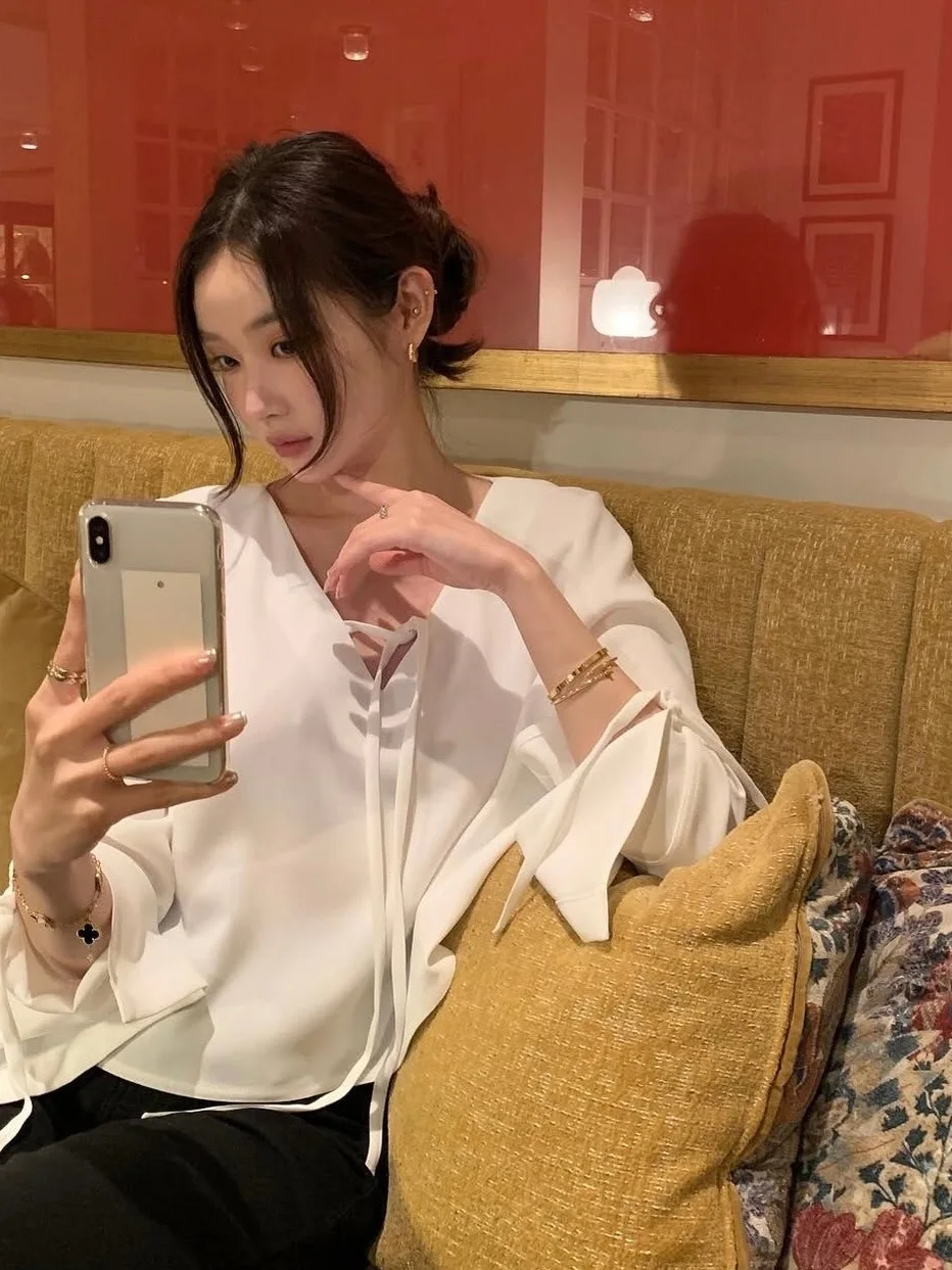 

Женский шикарный топ Ele Long Sve irt, осень 2021, корейский топ с завязками, ткань, обычный све, другой материал