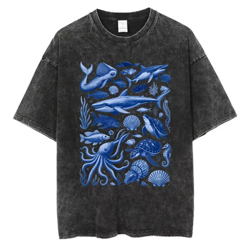 Cotton Oversized Short Sleeve T-shirt Crew Neck Tee Ocean Animals Print Vintage Marine Life Graphic Casual Streetwear Top unsex