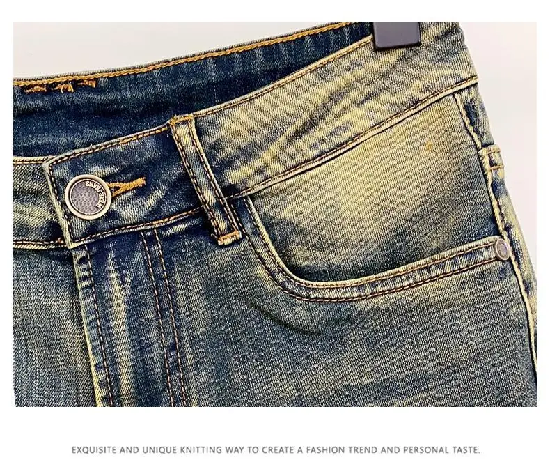 مصمم الملابس 2025 ريترو الدنيم السراويل المتوسطة الرجال السراويل القديمة غسلها جديد Kpop السراويل ضئيلة أقدام صغيرة مرونة صديقها الجينز #5