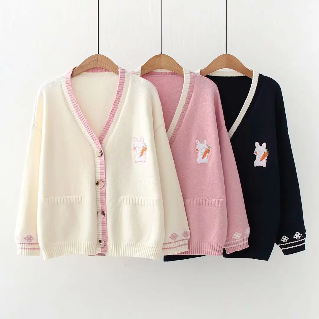 Cardigan bordado dos desenhos animados das mulheres, jaquetas de malhas soltas coreanas, suéter outwear macio, casaco coelho, outono