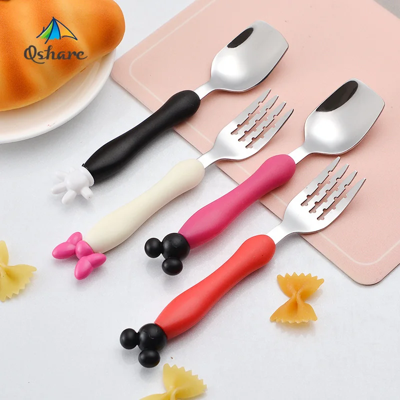 Qshare 4pcs/Set Baby Utensil Children Tableware Set Infant Stainless Steel Spoon Fork Mickey Cartoon Flatware Kids Feeding Spoon