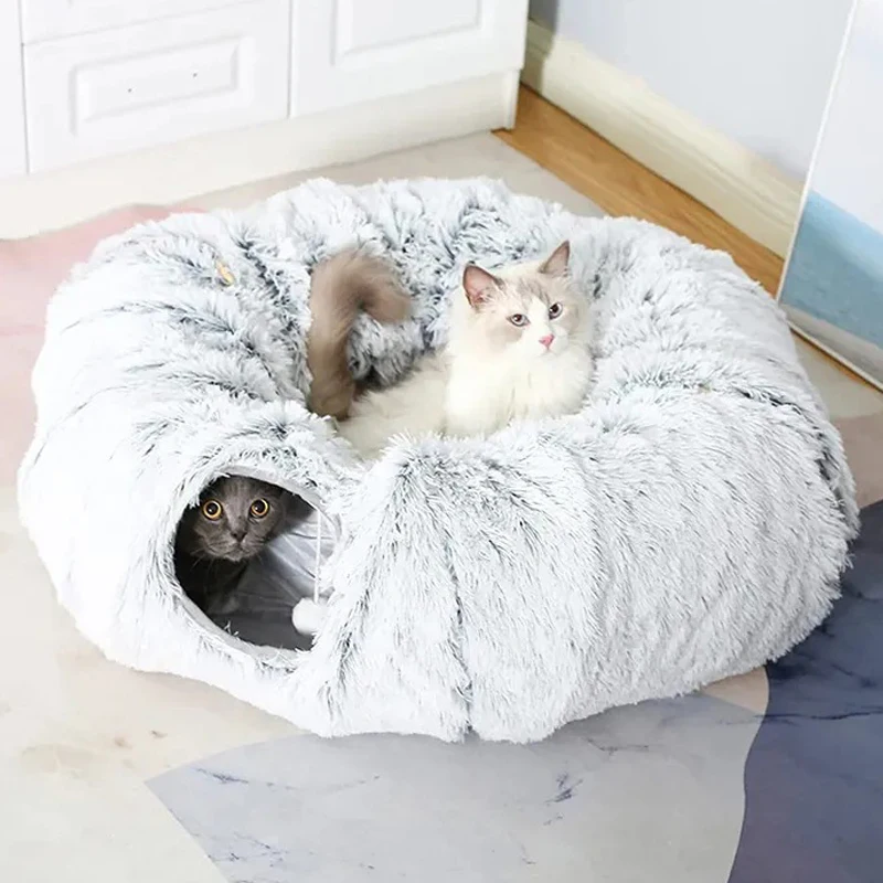 2 in 1 Cat Bed Winter Warm Cat Tunnel Toys Donut Kitten House Soft Plush Pet Sleeping Bed for Cats Comfortable Cat Nest