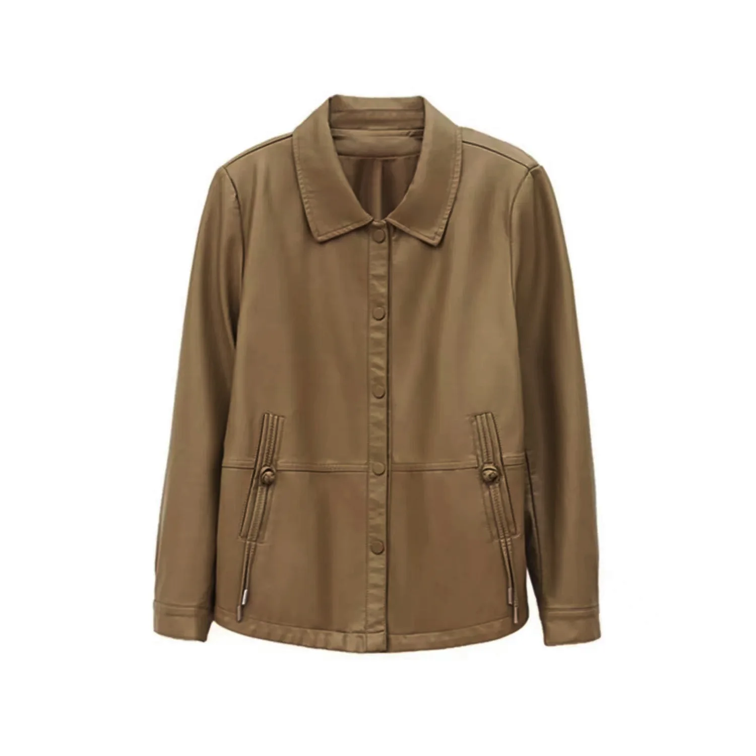 Primavera nueva moda mujer Color sólido cuello vuelto manga larga Casual moda Simple básico abrigos de piel sintética chaqueta femenina