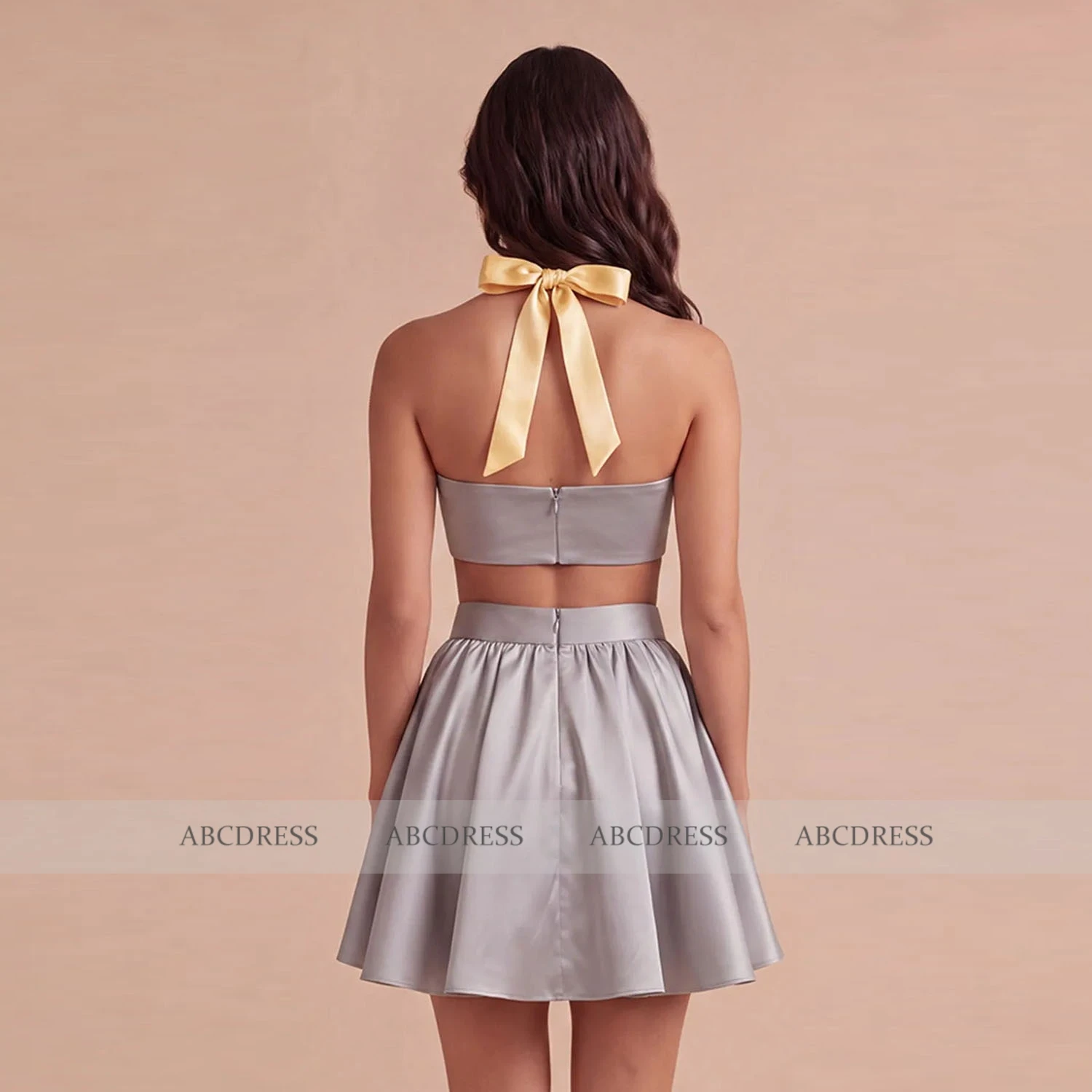 Customized Two Piece Satin Homecoming Dress Sweetheart Halter Mini Cocktail Party Dresses A Line Prom Evening Gown