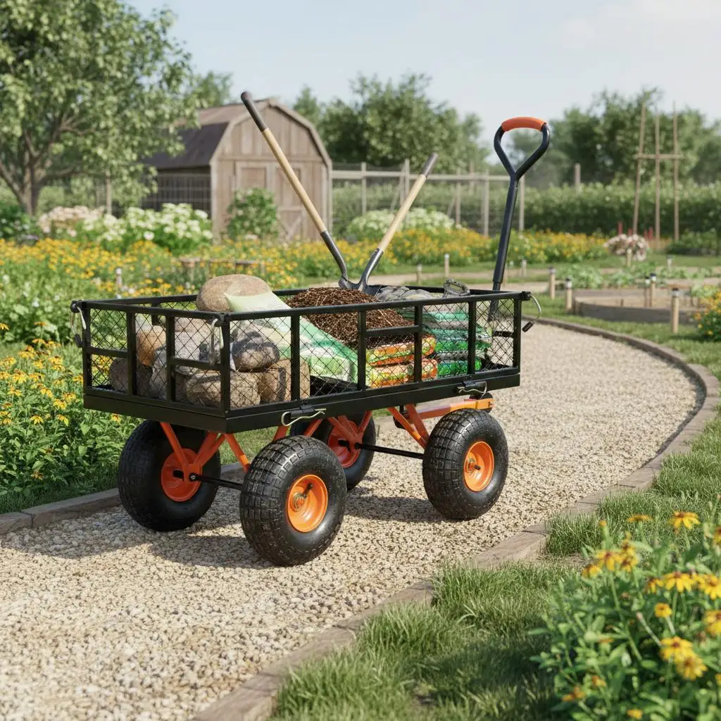 

Садовая тележка 48x24x36 дюймов для работы на участке, ухода за газоном и садоводства, прочная металлическая конструкция, двойная функциональная ручка, грузоподъемность 880 фунтов, 10-дюймовые колеса