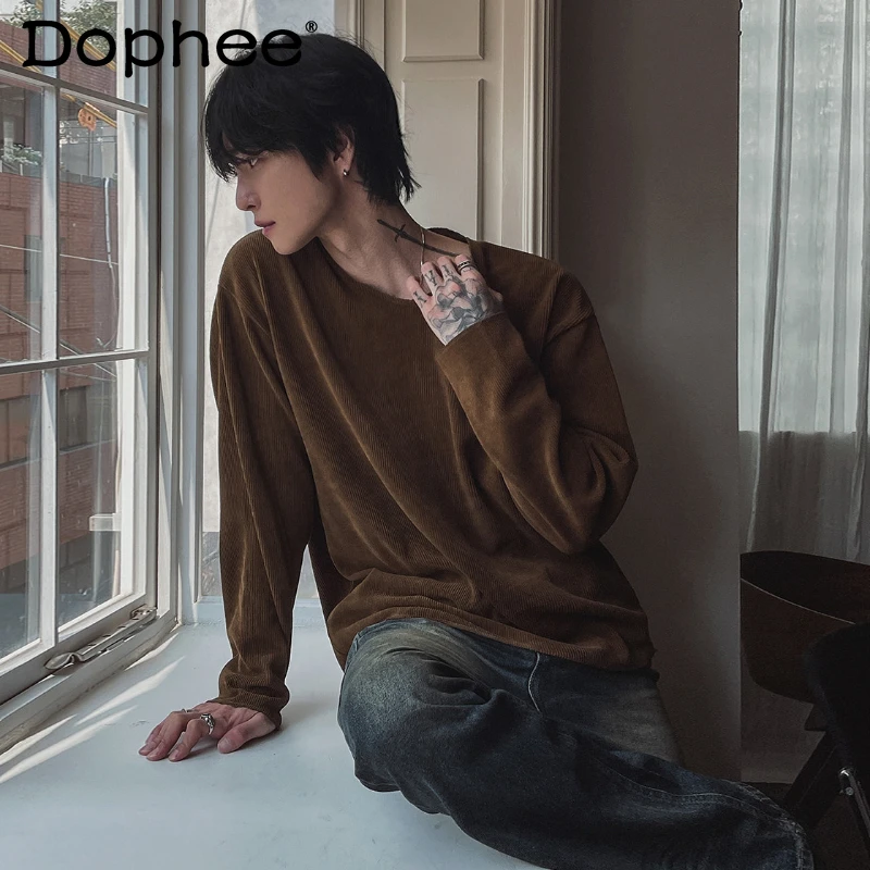 

Men's 2026 Spring Autumn New Comfort Loose Tops Men's Simple T-Shirts Solid Color V-Neck Long Sleeve Breathable Pullover Tees