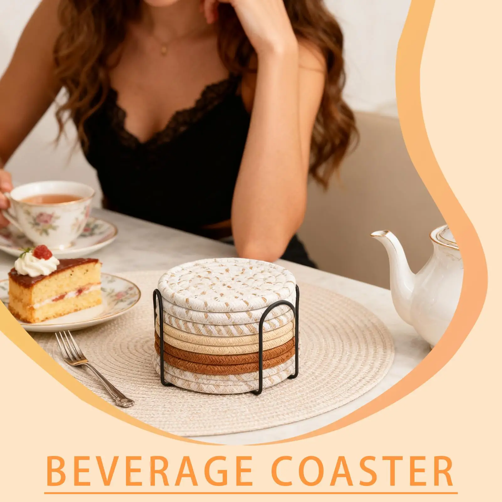 

Coasters for Drinks 8 Pieces Absorbent Cup Mat with Holder 4.3 Inch Heat-Resistant Cotton Rope Desk Coaster for Table Home