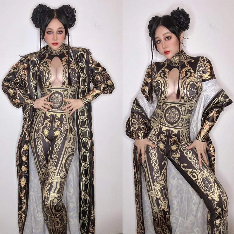 

Sexy Pole Dance Clothing Court Printed Jumpsuit Long Cloak Women Gogo Dance Costumes Festival Outfit Stage Rave Clubwear XS6023