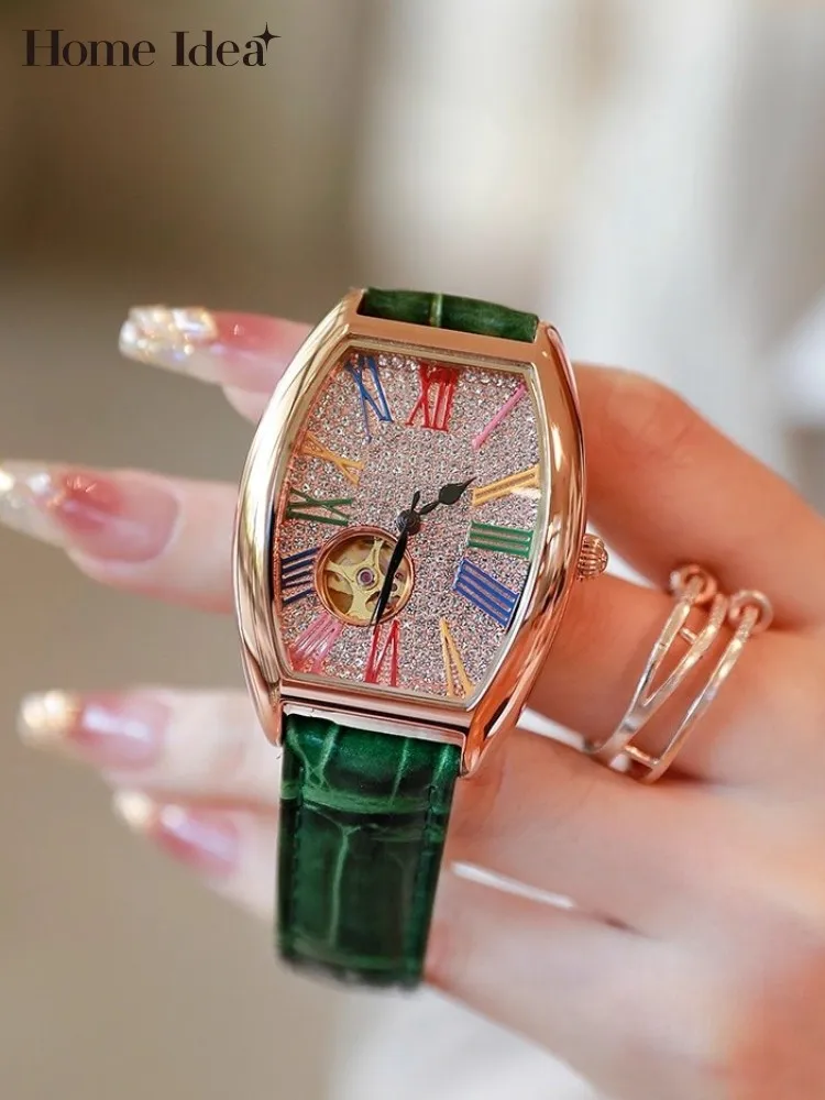 

Элегантные офисные женские механические часы с бриллиантами, модные женские наручные часы с римскими цифрами и пряжкой, регулируемый ремешок из натуральной кожи