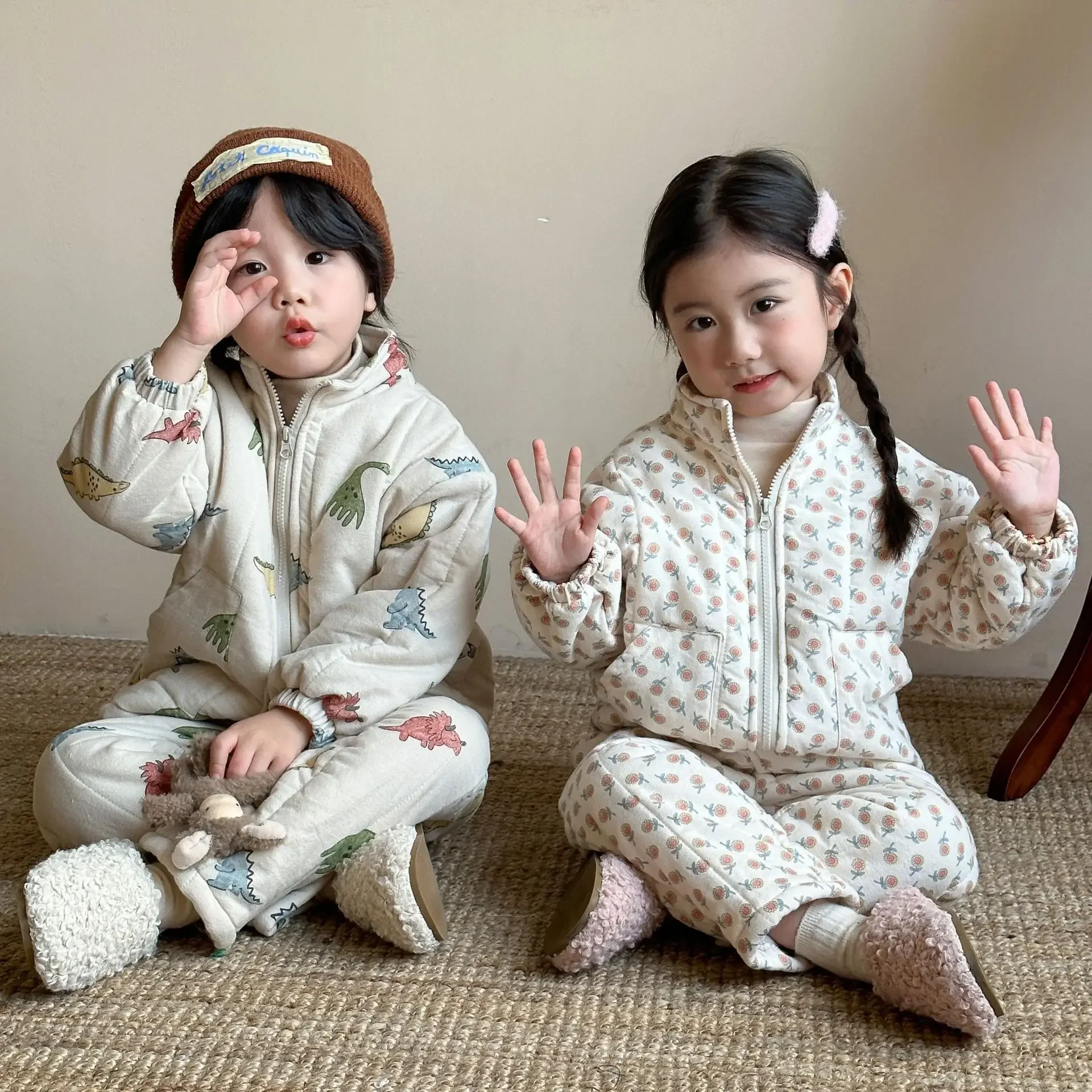 Cartoon Thick Warm Children's Sets Autumn Winter Warm Plush Lining Kids Hooded Jacket And Pants For Boys And Girls Sets