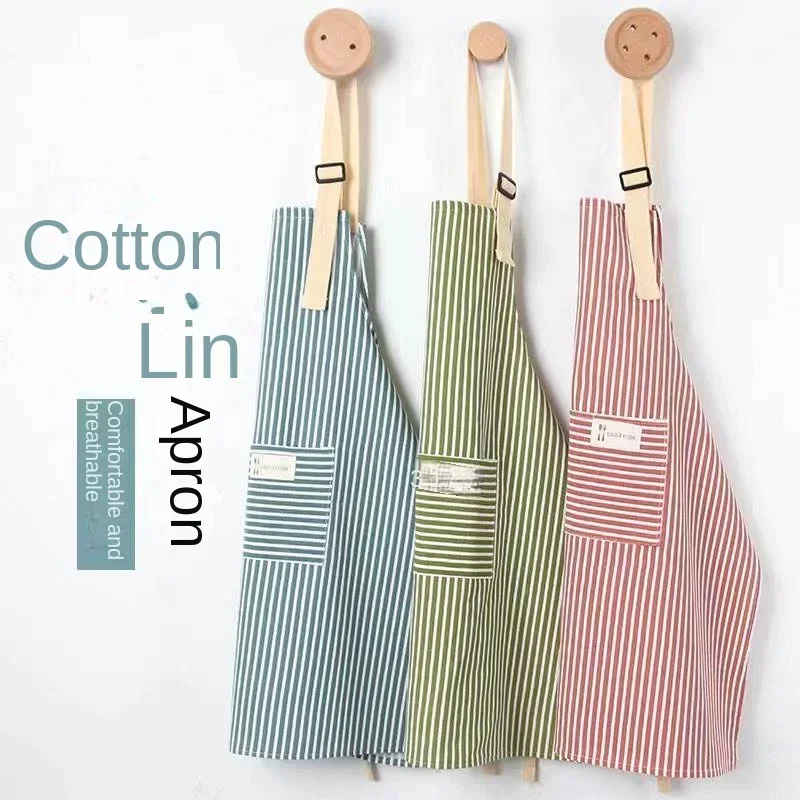 Kitchen Apron Fashionable Linen Striped Aprons For Restaurant Work Chef Waiter Adjustable Size Household Kitchen Cleaning Apron