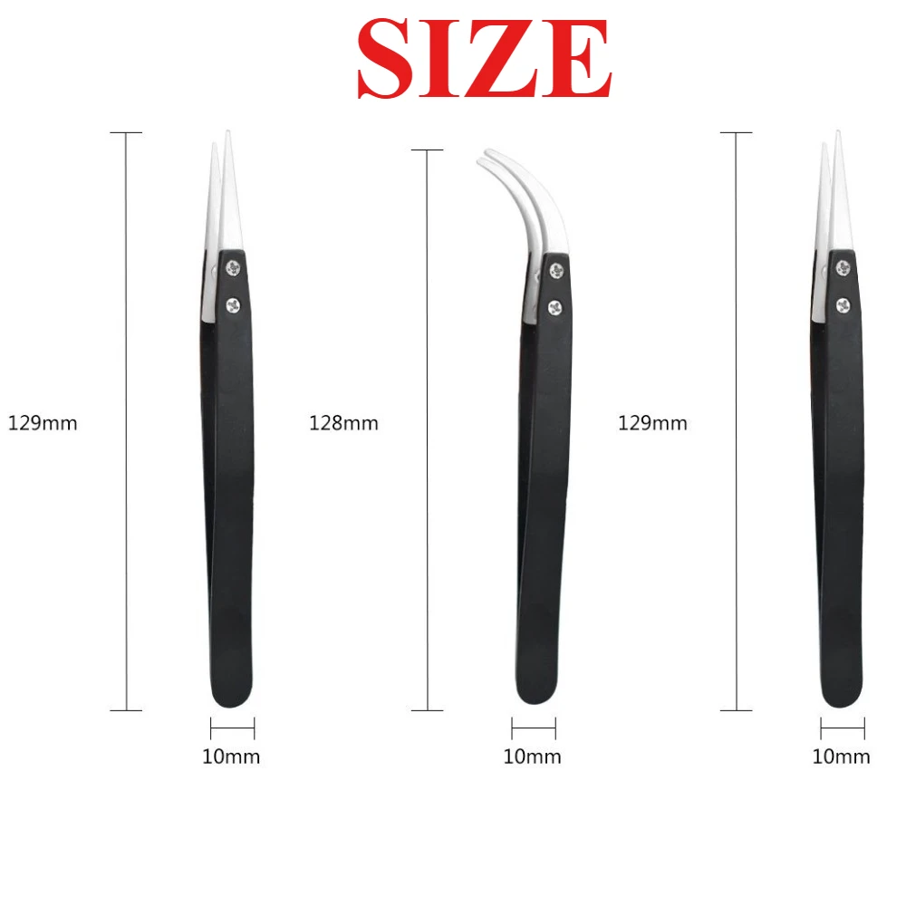 3PCS Anti-Static Ceramic Tweezers Stainless Steel Industrial Ceramic Tweezers Insulated Straight/Curved Tip Black-Whit Tweezers