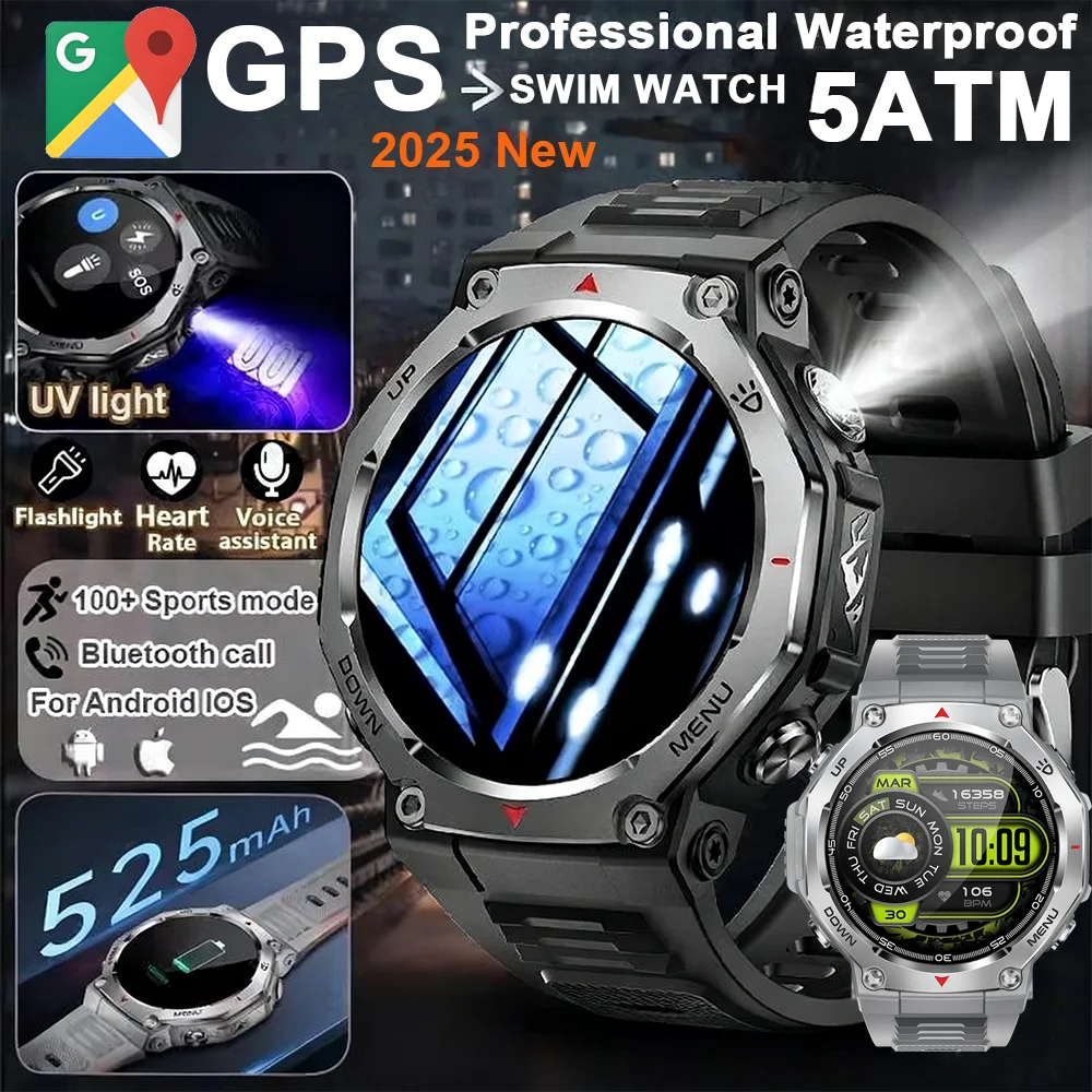 

Военные умные часы для мужчин T-Rex 3, светодиодный фонарик, GPS, высотомер, барометрические, 5 АТМ, водонепроницаемые, AMOLED, 525 мАч, Bluetooth, умные часы с вызовом