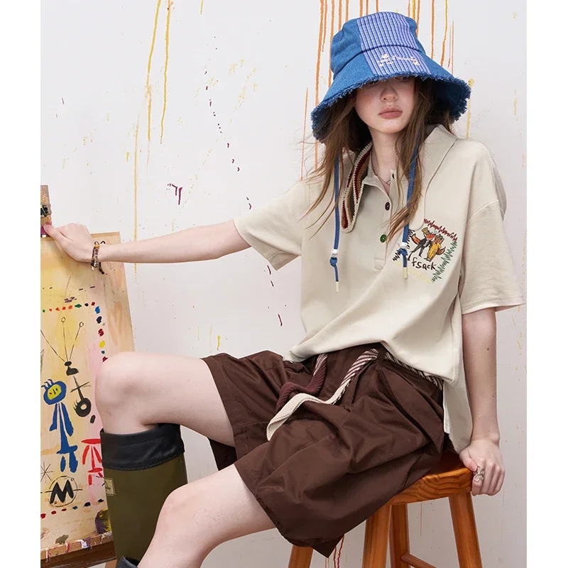 ELFSACK Women's Polo Collar Short Sleeve T-Shirt with Crochet Scarf Detail & Fox Embroidery, Regular Fit Soft Summer Tee