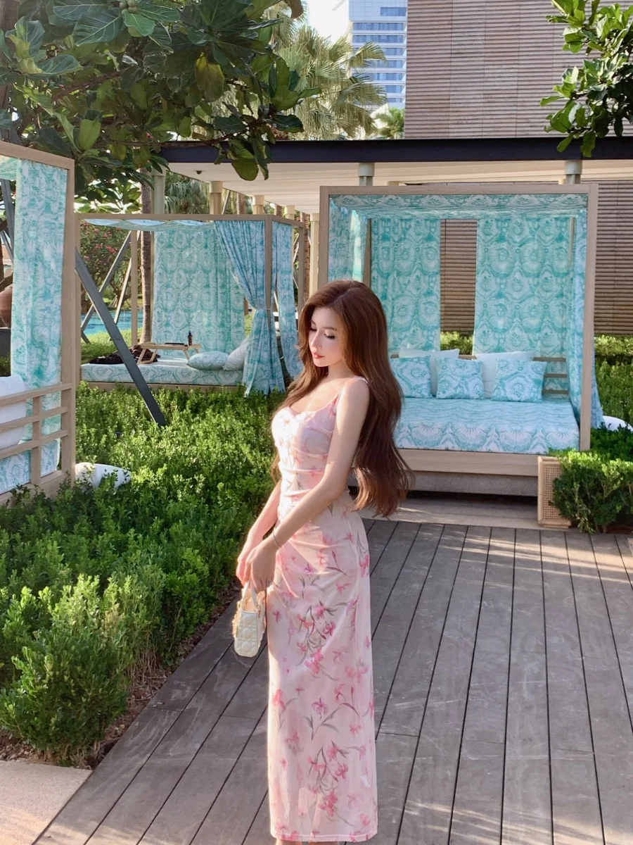 

Ele Pink Floral Print Elastic Slim Fit ter Dr JunStudio Gentle Sle Single Piece Summer 2024 Women's Dr