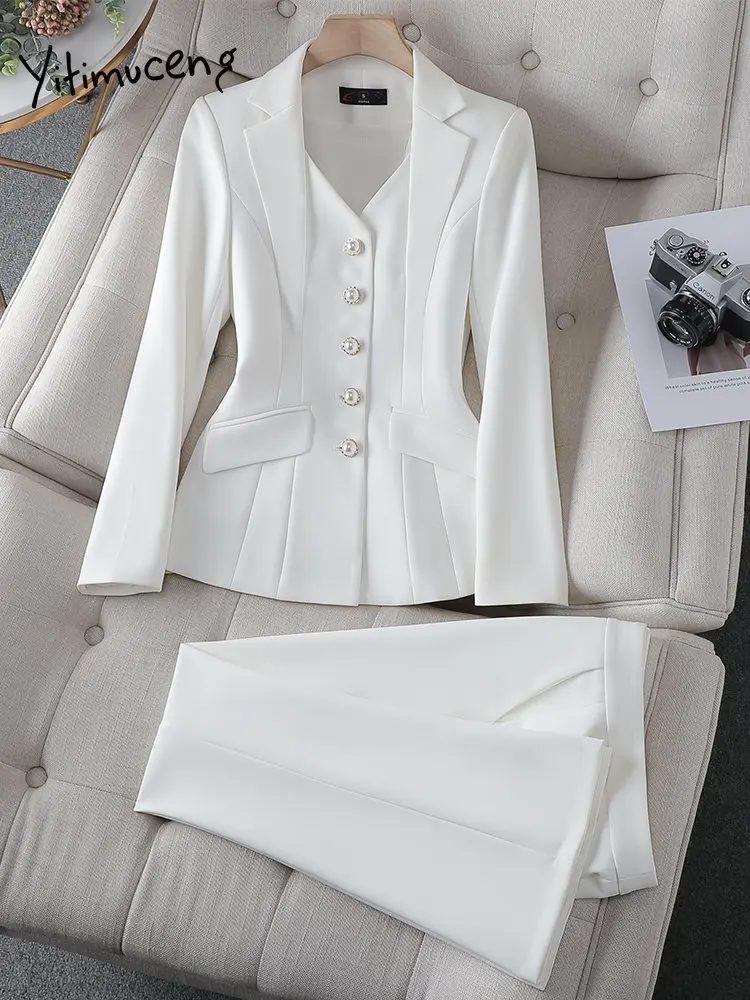 Yitimuceng Solid Suits for Women 2023 Fashion Office Ladies Single Breasted Long Sleeve Blazer Women Chic Slim Suits Pants Set