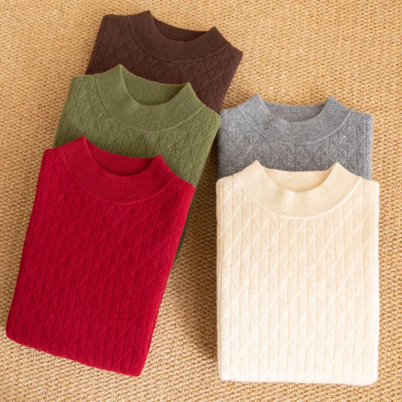 Double Thick 100% Pure Wool Men's Semi-High Collar Business Sweater Long Sleeve Pullover Jacquard Thread Knitted Bottoming Shirt