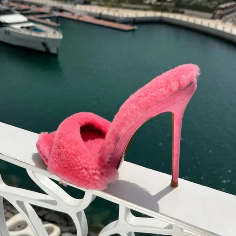 

Arden Furtado Summer pointed Platform stiletto Pink Fur slippers Open toe Super high heel Word slippers Outdoor Extra large size