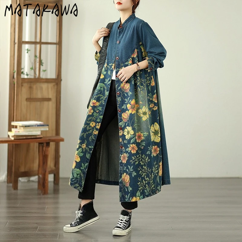 

Matakawa Long Denim Jackets Women Print Flowers Single Breasted Vintage Chaquetas Fashion Spring Autumn Loose Ropa De Mujer
