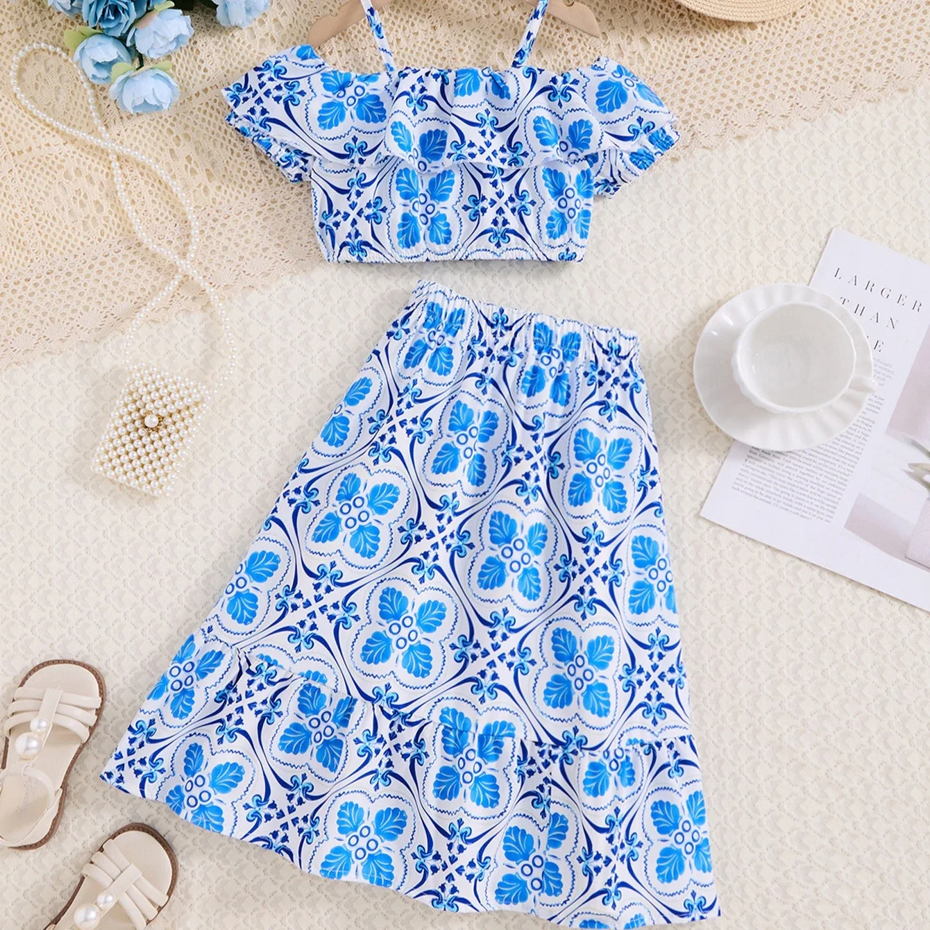 Bohemian Blue Floral Outfit Set - Exclusive Halter Neck Crop Top & High Slit Wrap Skirt 2-Piece, Women's Summer Beach Ensemble