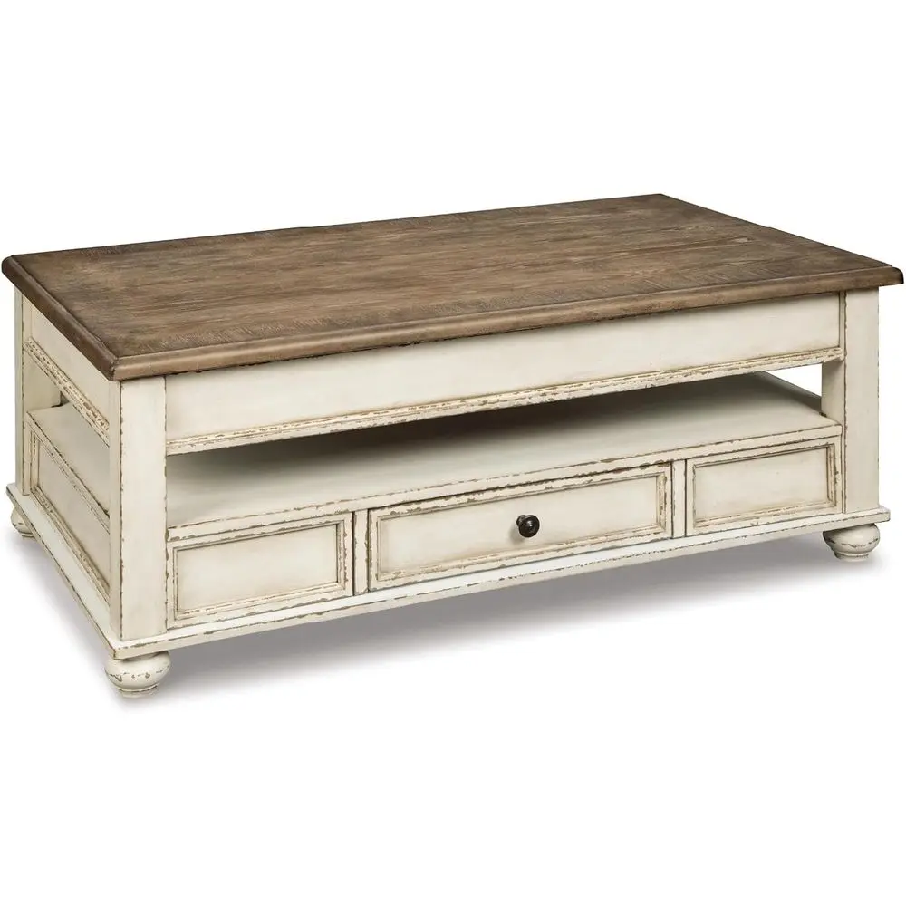 Realyn Vintage armhouse Recular Lit Top Coee Table with Storage Der, White & Brown