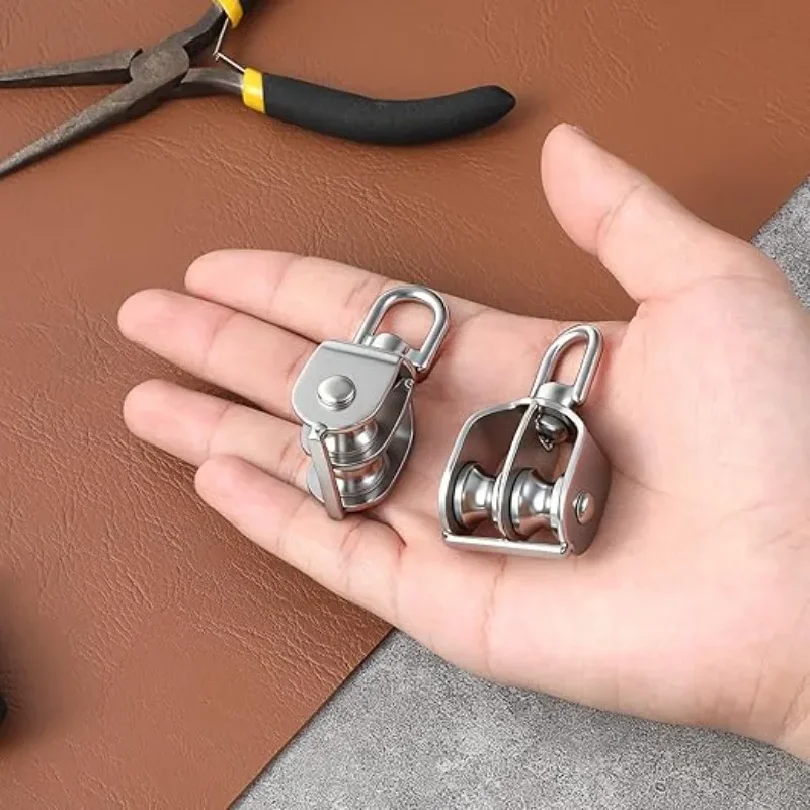 360° Rotation Stainless Steel Crane Pulley Block Wire Rope Lifting Swivel Hook Double Pulley Block Hanging Wire Towing Wheel