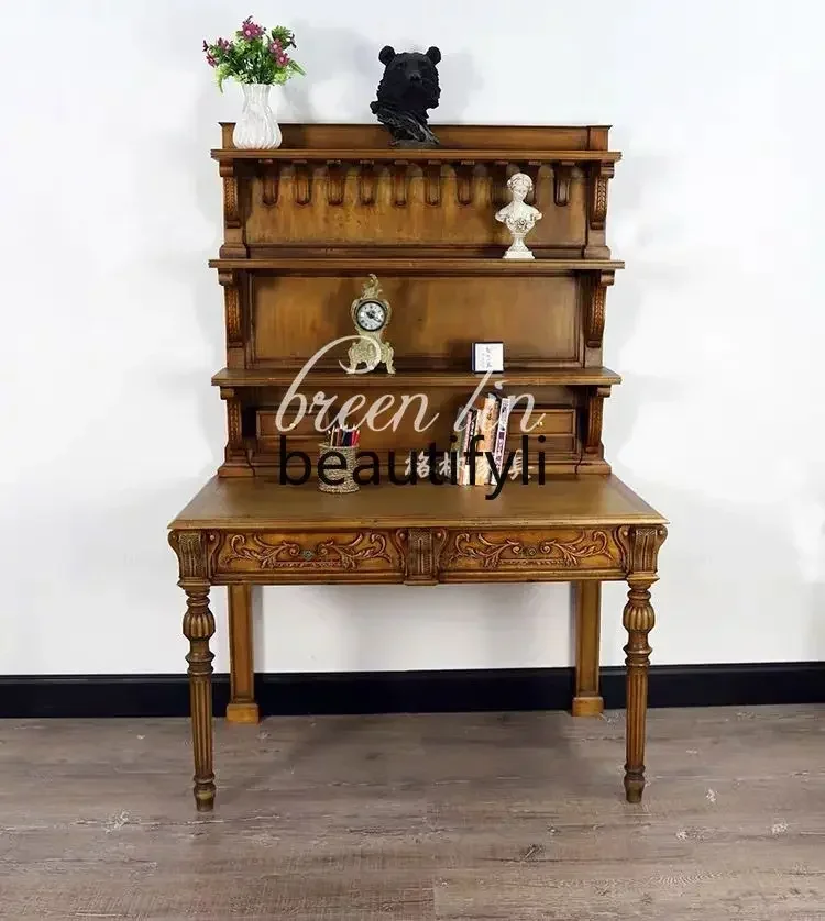 

French retro solid wood carving flower with bookshelf writing desk office integrated multi-function desk6220