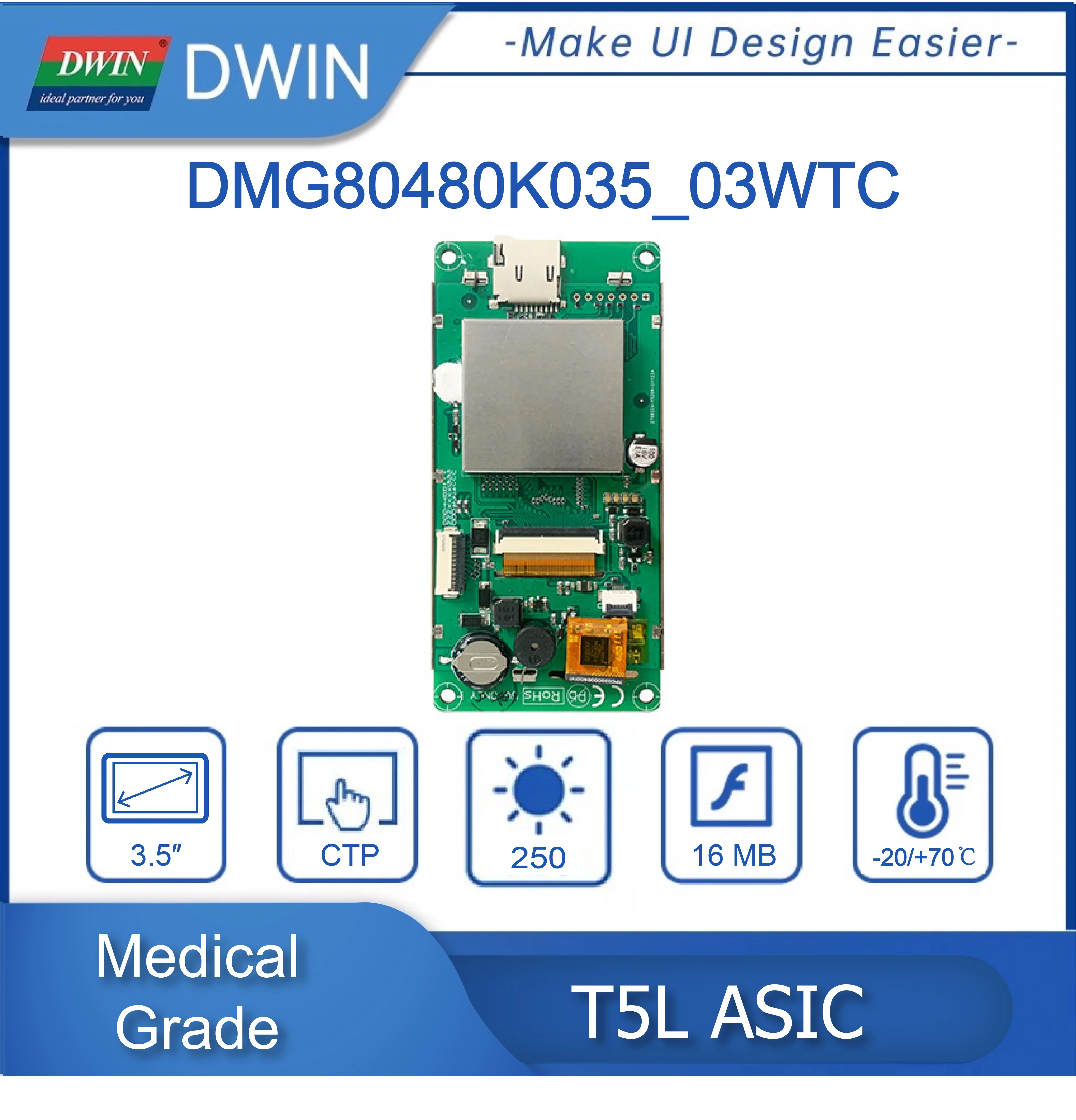 DWIN 3.5 Inch 480*800 Pixels Resolution 262K Colors, IPS-TFT-LCD Wide Viewing Angle DMG80480K035_03W