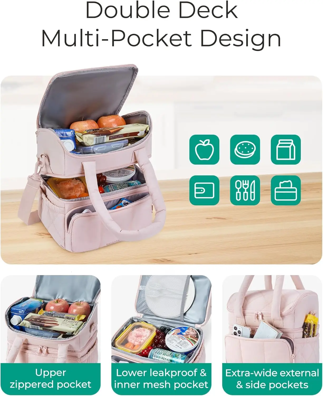 BAGSMART Lunch Bag for Women Double Deck Insulated Lunch Box Quilted Puffer Tote Leakproof Reusable Large Cooler for Work School
