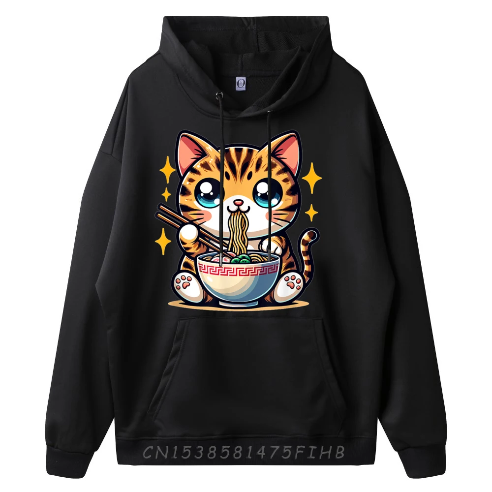 Cute Japanese Kawaii Chibi Bengal Cat Eating Ramen Funny Shirts Mens Hoodies Men Christmas Sweater Long Sleeve