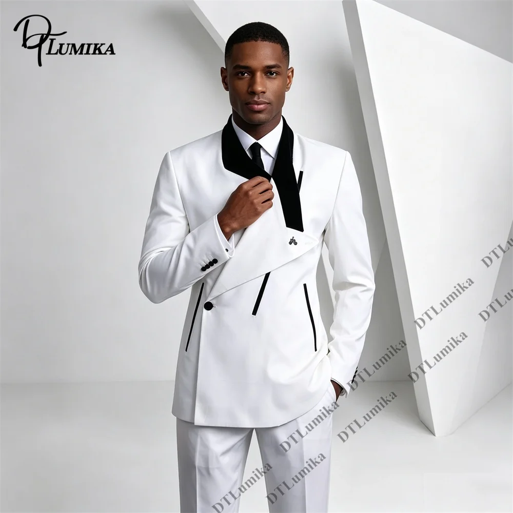 DTLumika Tailored Men's 2 Piece Suit White Black Contrast Asymmetric Lapel Slim Fit Wedding Groom Prom Fashion Formal Party Set