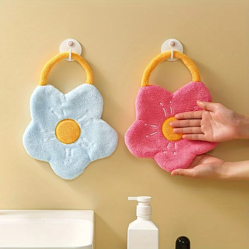 1pc Hand towel with hanging flower shaped design, household kitchen absorbent handkerchief