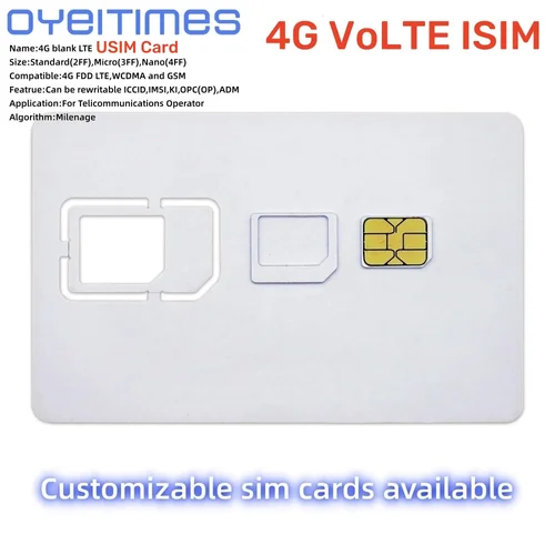 OYEITIMES 프로그래밍 가능 빈 SIM LTE USIM 카드, 통신 사업자용, 4G VoLTE ISIM WCDMA GSM 나노 마이크로 SIM 카드, 2FF, 3FF, 4FF 