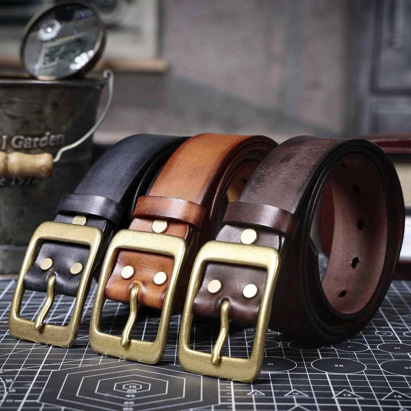 Men's Simple Retro Belt Handmade Italian Genuine Leather First-Layer Cowhide with Pure Copper Pin Buckle Thickened Waist Size