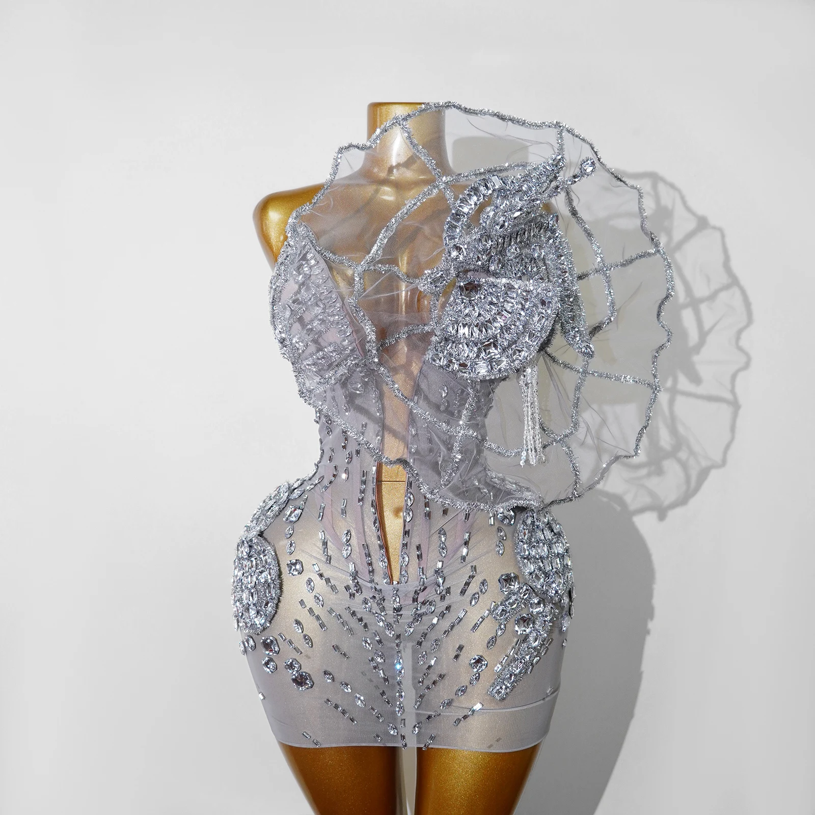 Sexy Women Silver Rhinestone Dress Sheer Mesh 3D Diamond Flower Deep V Stage Wear Carnival Party Outfit