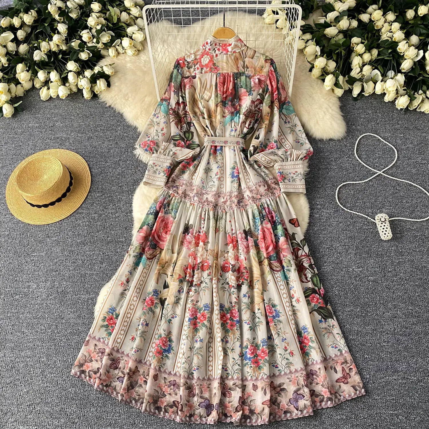 Summer Autumn Floral Print Maxi Dress Shirt Women Long Sleeve Single Breasted A Line Palace Design Loose Printing Party Vestidos