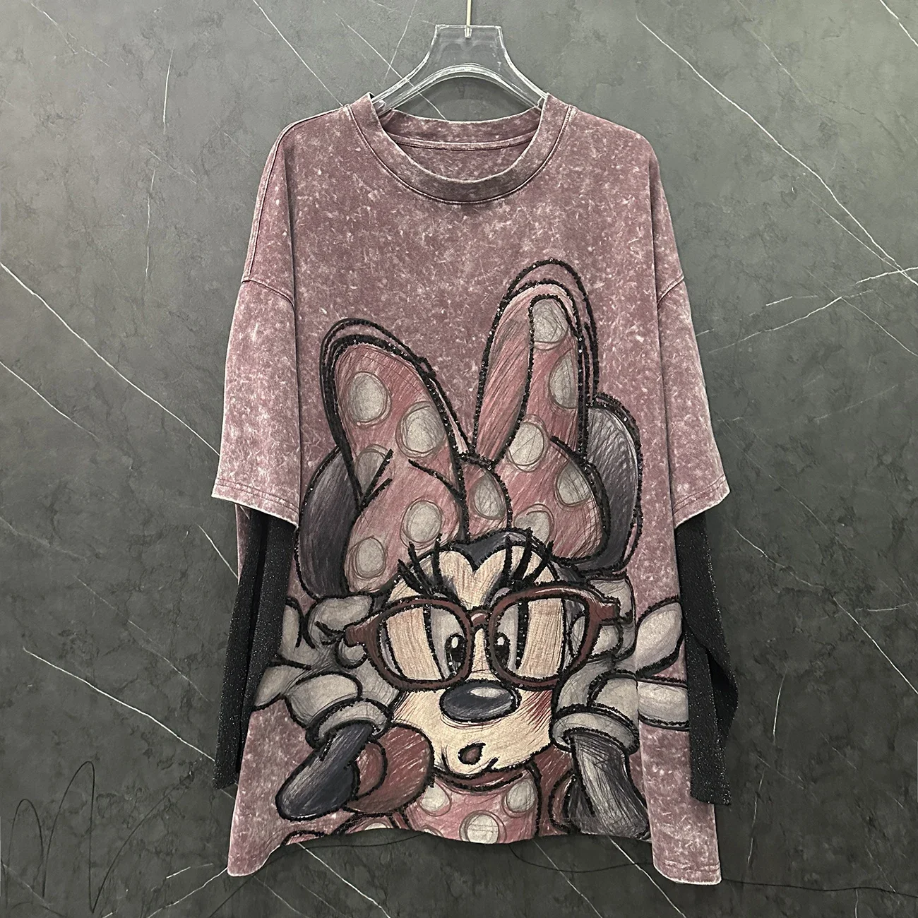 European Goods Heavy Industry Hot Diamond Cartoon Fake Two-piece T-Shirt Female 2025 Spring Autumn Versatile Loose Sweet Top