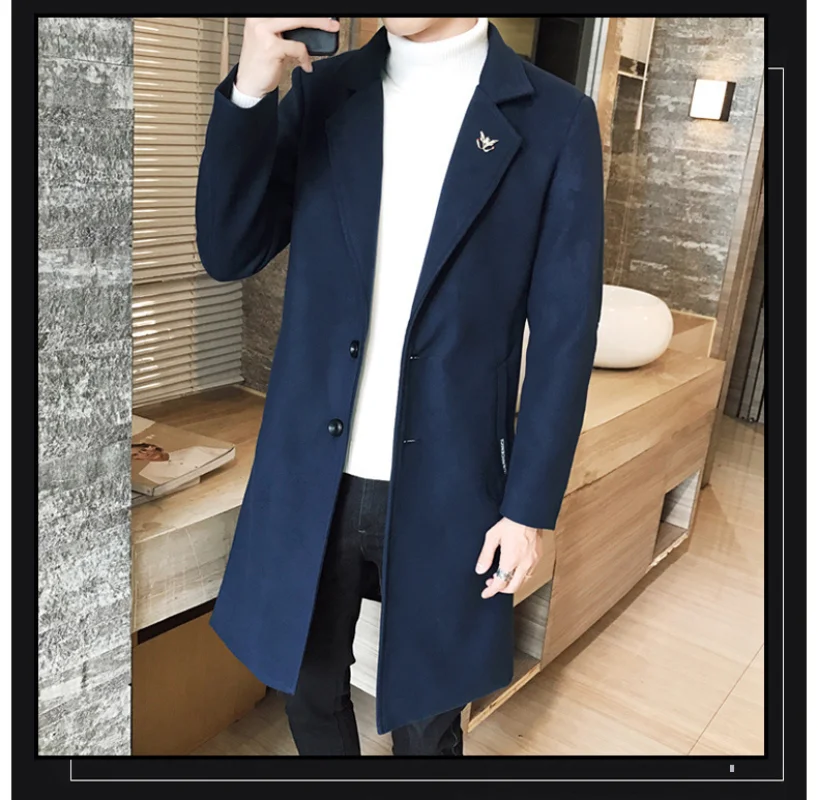 Autumn Winter British  Coat Men's Long  Coat Mens Coat Windbreaker Men Wool Trench Coat Long Thick Warm Jacket Men Red