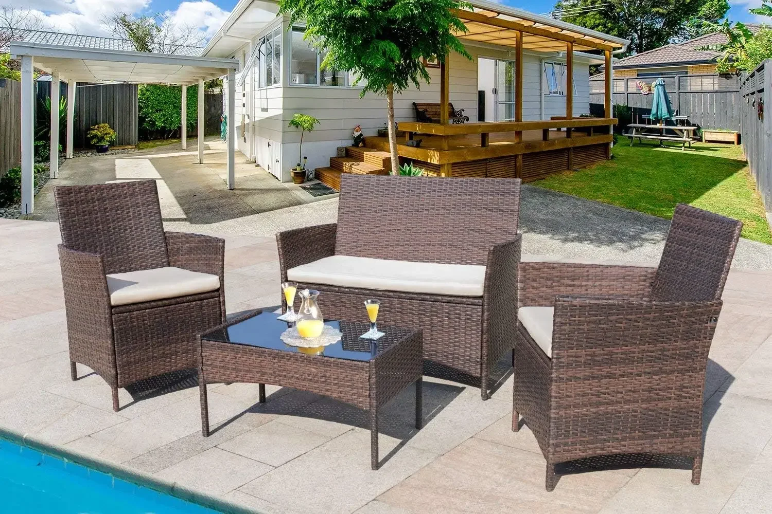 Conjunto de muebles para exteriores, set de 4 piezas para patio, porche, jardín, piscina, balcón, color marrón y Beige