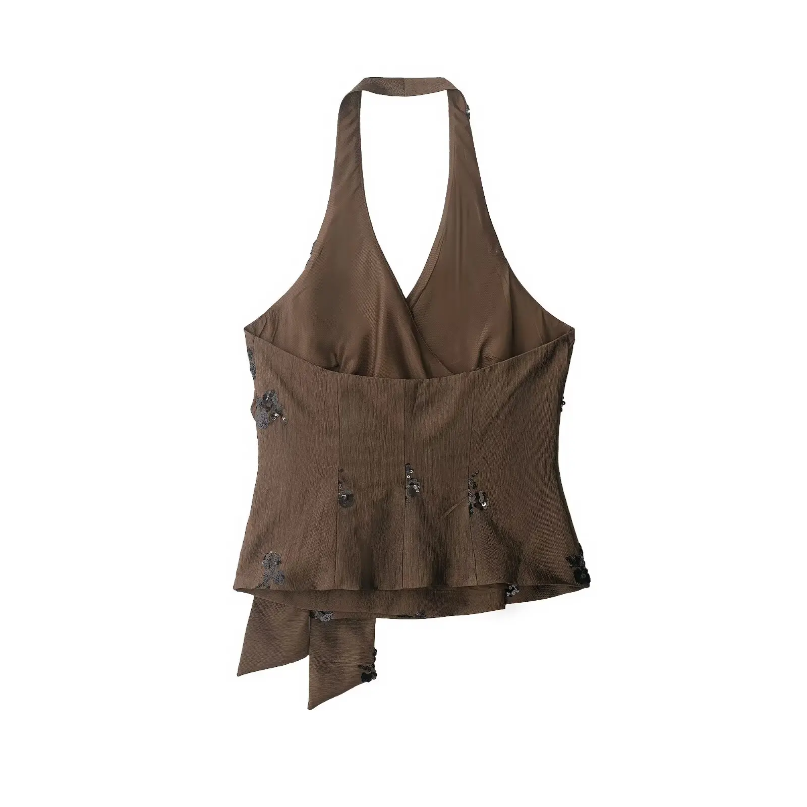 Willshela Women Fashion With Sequined Brown Bow Lace Up Tank Tops Vintage Halter Neck Sleeveless Backless Female Chic Lady Tops