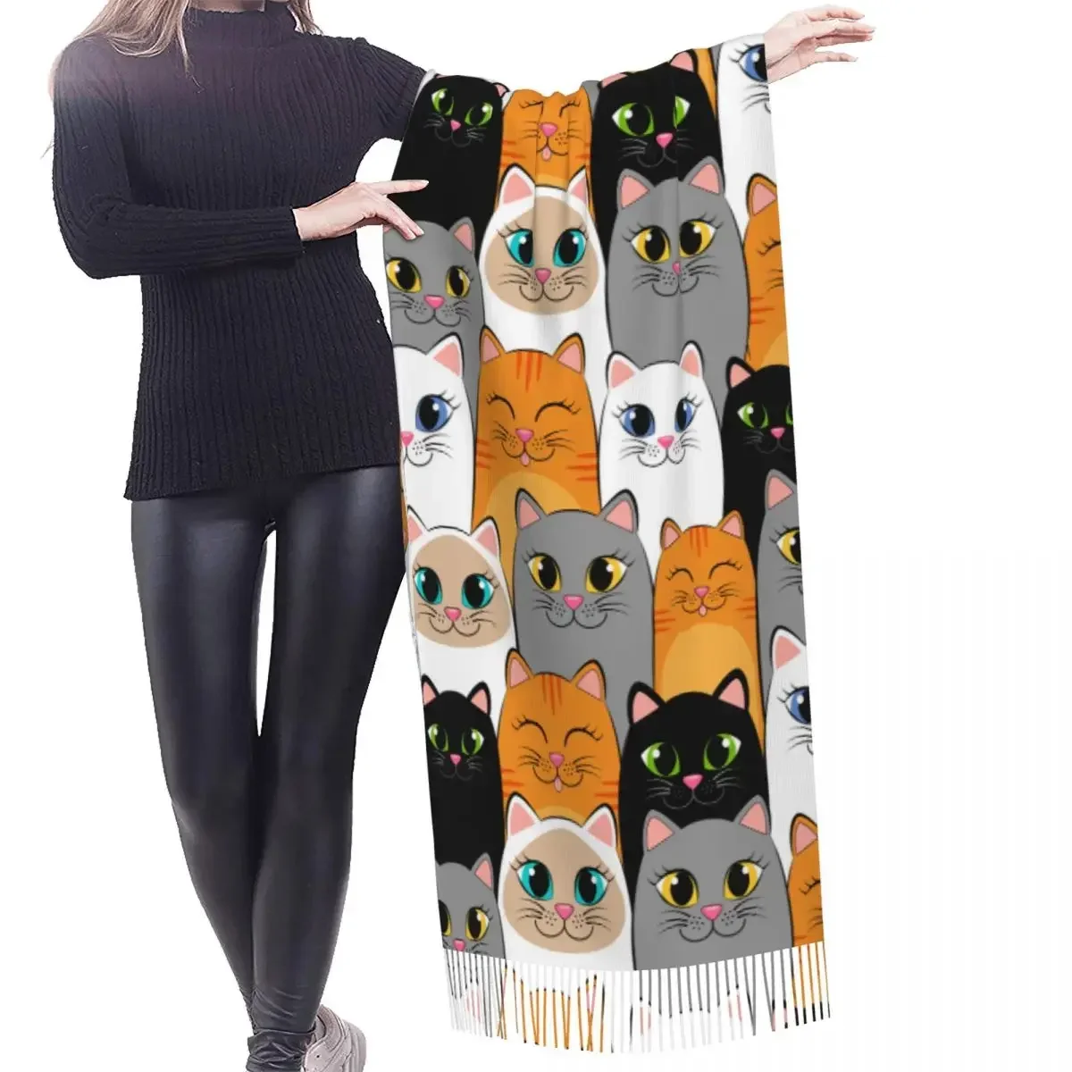 Bufanda de cachemir con borlas para mujer, Pashmina cálida de color gris, jengibre y gatitos Siameses, pañuelo para el cuello y la cabeza, chal de invierno