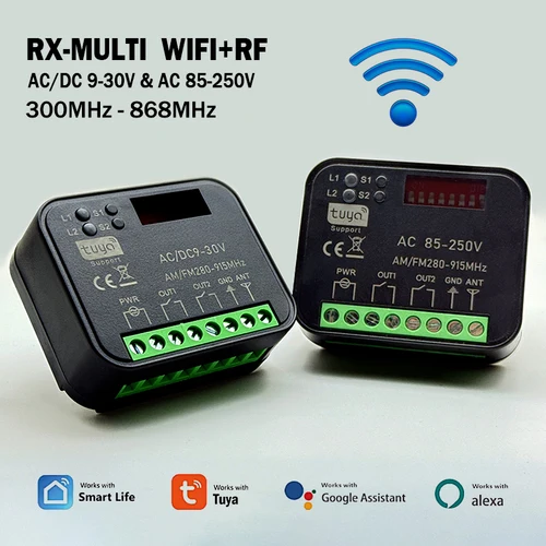 Imagen 1 del producto Nuevo receptor de control remoto universal RX-MULTI Tuya para garaje/puerta con WIFI de 433 MHz y 868 MHz, 2 canales, 300-868 MHz, módulo controlador de interruptor inteligente con WIFI