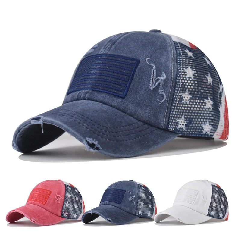 Baseball Cap Women's hats USA flag Independence Day Washed cap Summer hat Horsetail Mesh Hat Breathable hat Spring Autumn Cap