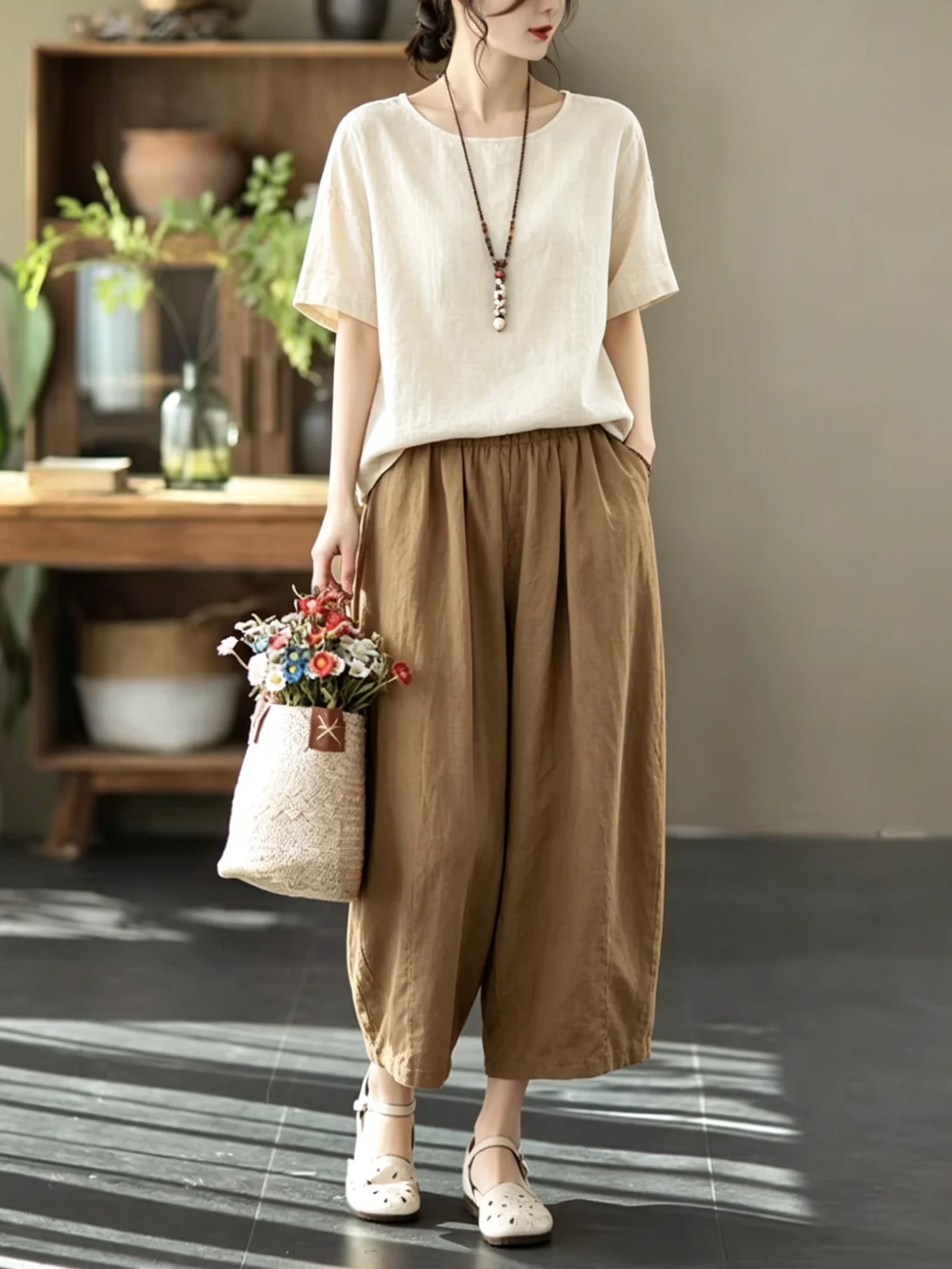 

Elegant Cotton Linen round Neck Short Sleeve Top Harlan Pants Loose Casual Two Piece Set Women Summer Fashion Comfortable Bre...