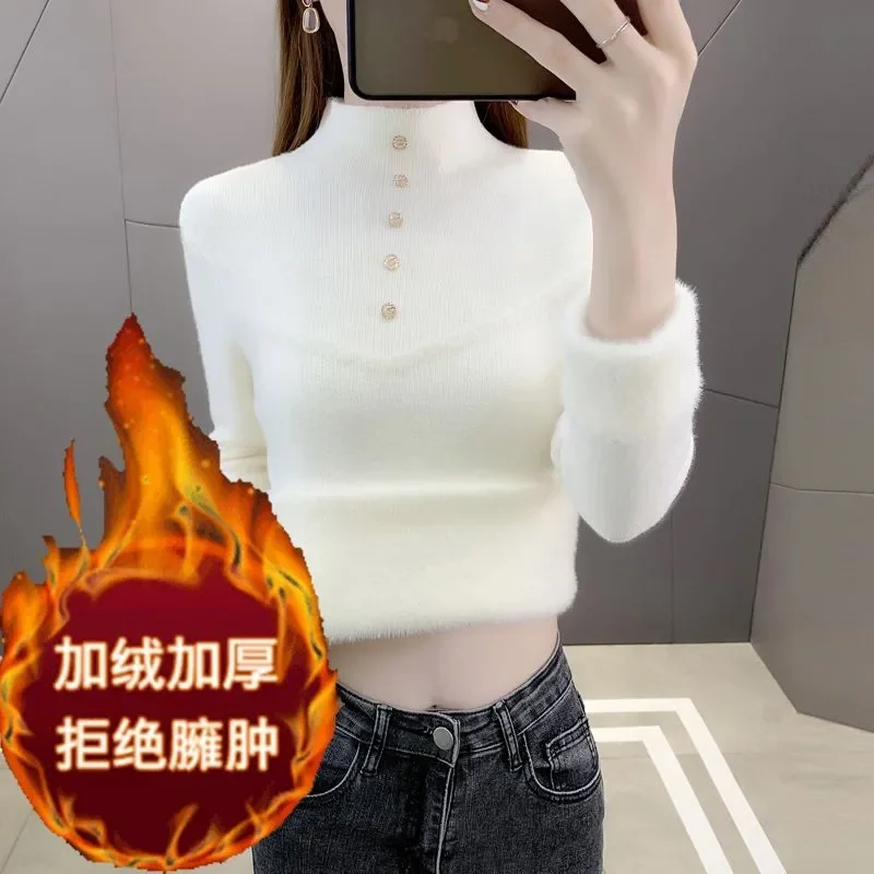 

Цельный бархатный теплый свитер, женский осенне-зимний новый полуводолазка плюс бархатный свитер, нижняя рубашка, топ