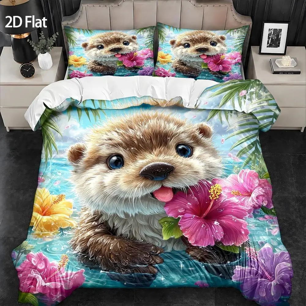 3Pc Little Beaver Swimming Theme Duvet Cover Set, 1 Duvet Cover + 2 Pillowcases, Three-Piece Bedding Set, Suitable for All Seasons, Machine Washable, Invisible Zipper Double Bed Cover, Suitable for Home, Dorm, Master Bedroom, Guest Room, Cartoon Dreamy Rainbow Cloud Print, Large Duvet Cover Bedding Set, Fresh Floral Heart Pattern Bedding, Hot-Selling Ins-Style Bedding Three-Piece Set, Soft Skin-Friendly Bedroom Bedding Set, Girly Unicorn Bedding, Home Use Bedding
