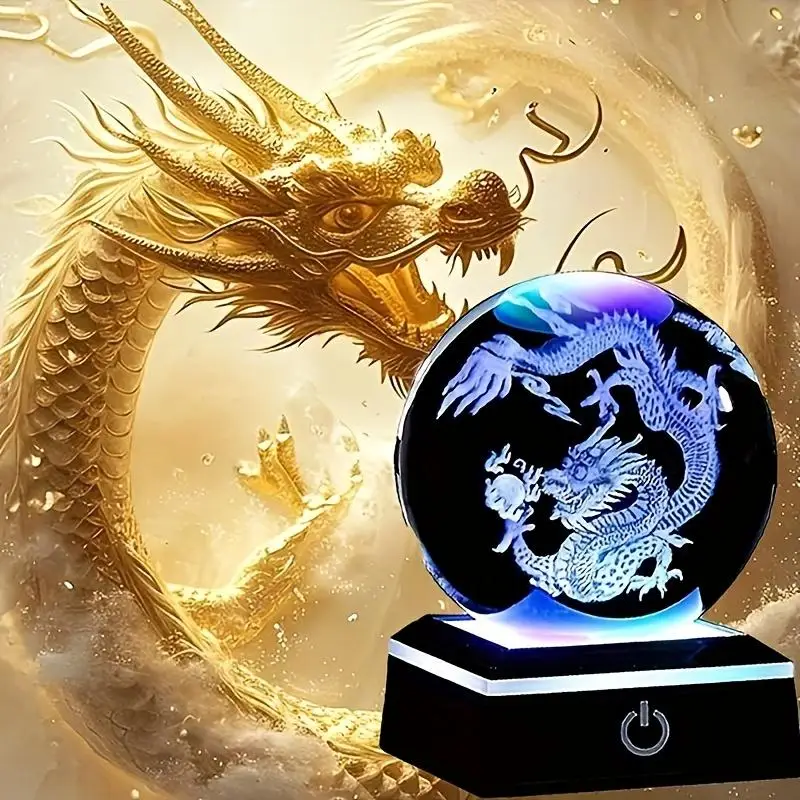8cm Dragon 3D Carved Crystal Ball-LED Light Symbolizing Power Wisdom,Gift for Birthday,Christmas Halloween Festive Home Decor