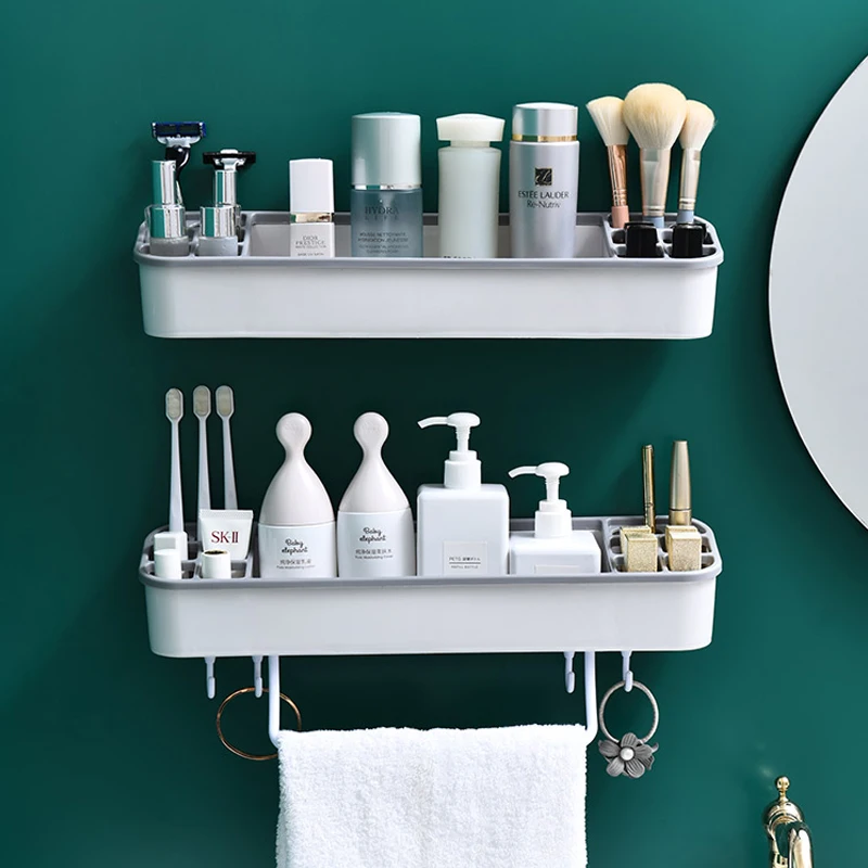 Corner Plastic Bathroom Storage Rack Cosmetic Shampoo Towel Rack Kitchen Organizer Household Bathroom Accessories With Hooks