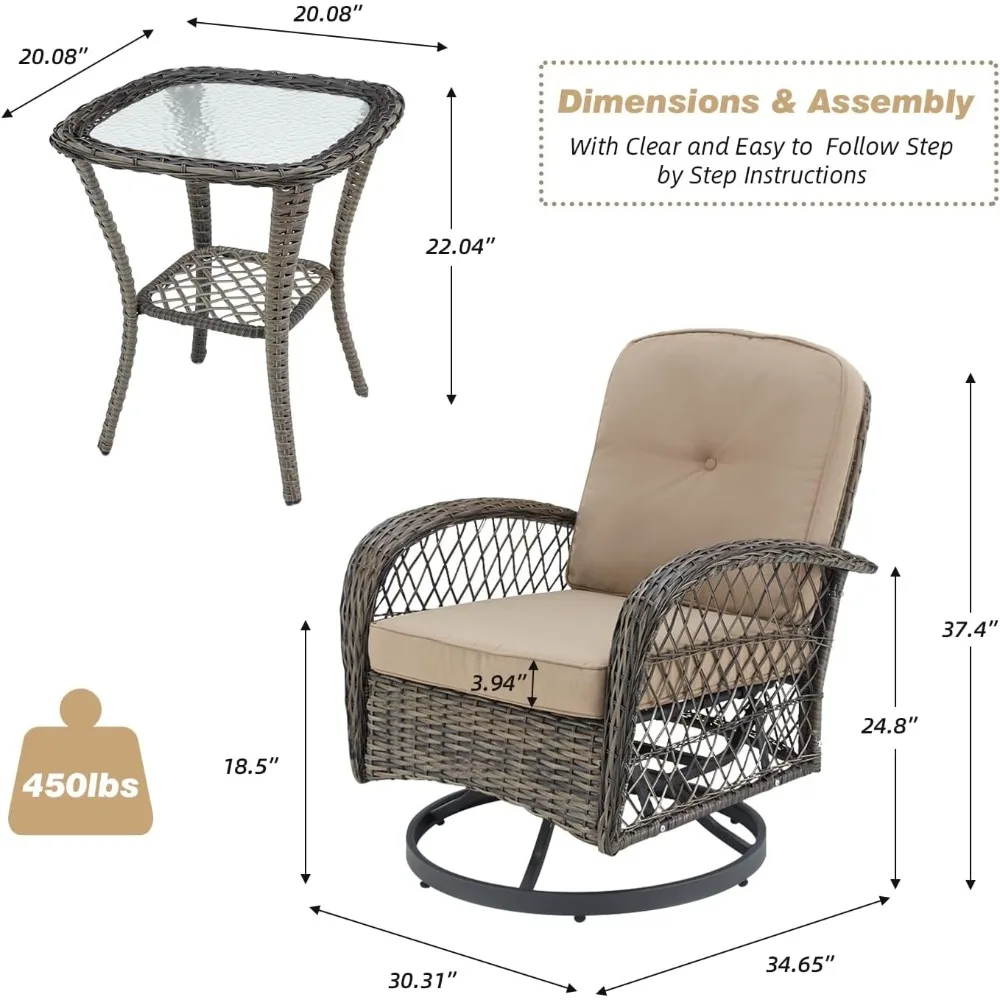 Beach Chairs, 3 Pieces Outdoor Swivel Rocker Patio Chairs, 360 Degree Rocking Patio Conversation Set, Beach Chairs