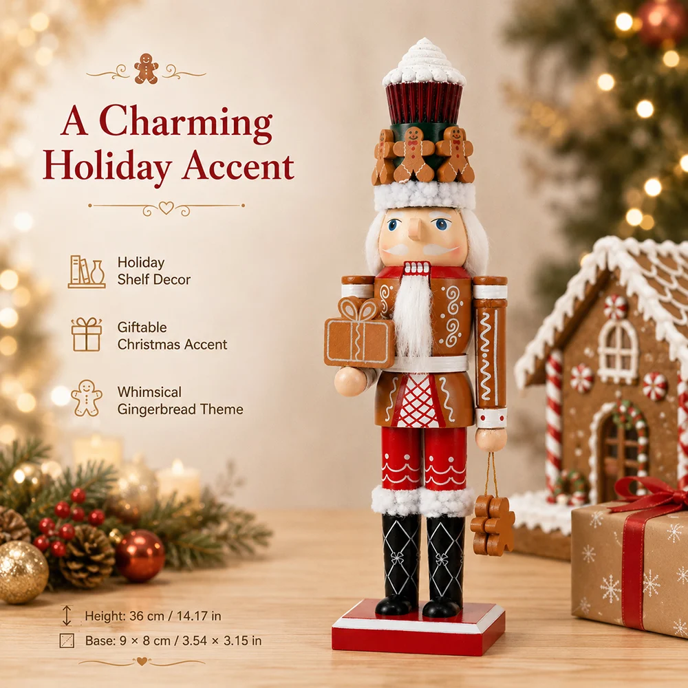 36cm Christmas Nutcracker Wooden Handcraft Gingerbread Man Ornament Doll Toy Home Desktop Decoration Home for Party Decoration